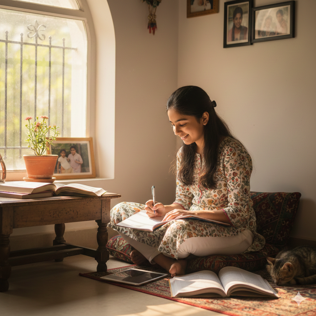 : Girl aspirant studying at home with books and a planner for government exam preparation