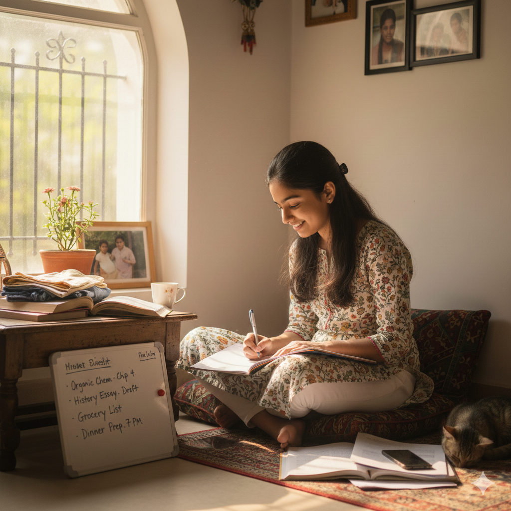  Girl aspirant studying while managing household responsibilities at home