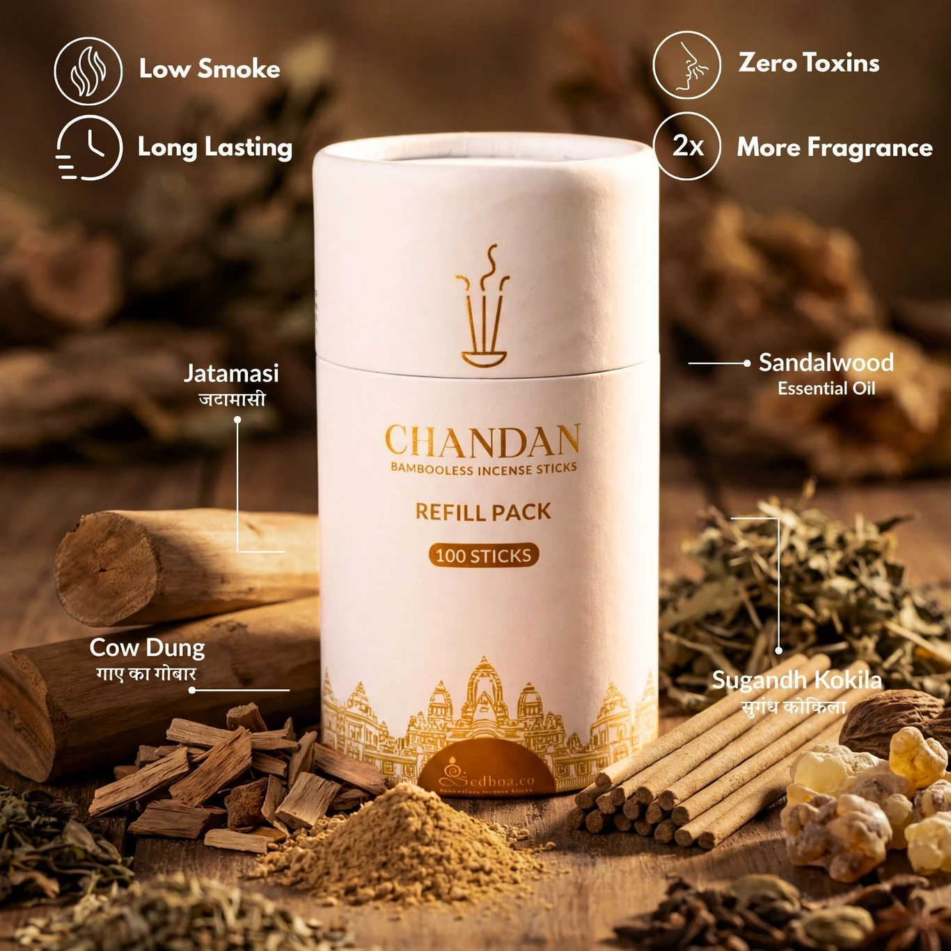 Sadhna.co Bambooless Low Smoke Sandalwood Agarbatti (Chandan) – 100 Sticks | Long Lasting Natural Incense - Image 2