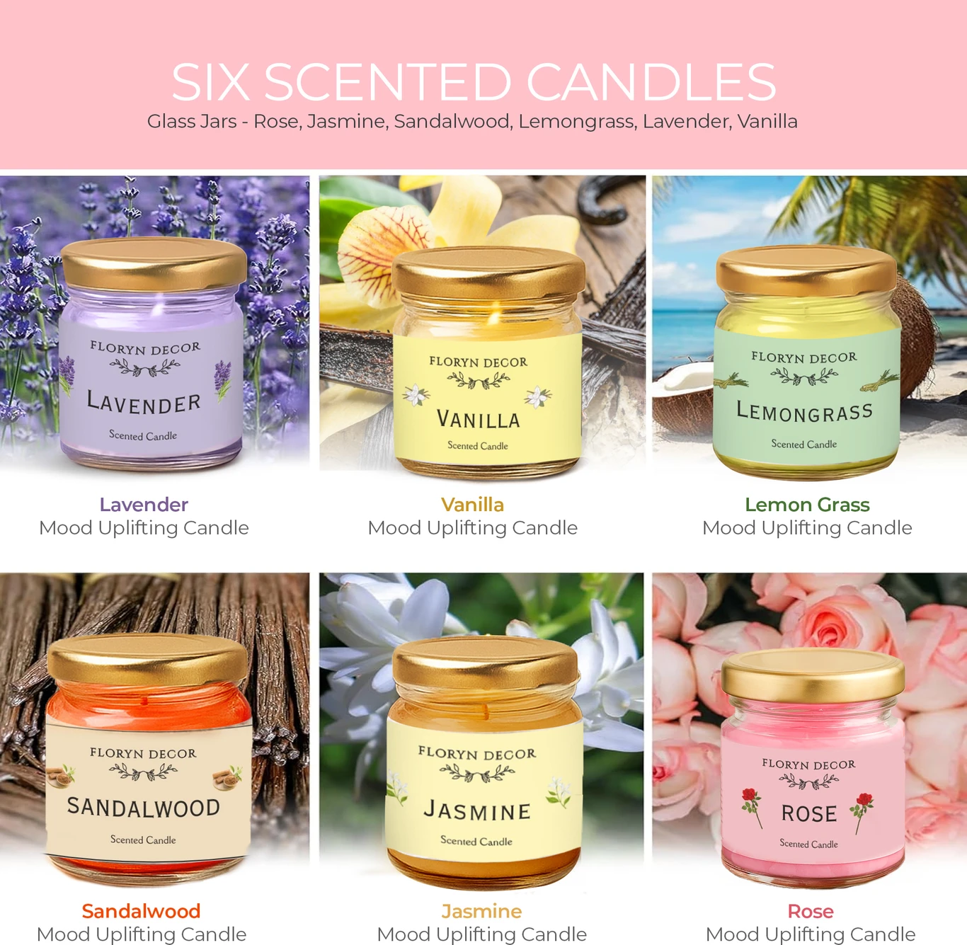 Floryn Decor Jar Scented Candles Gift Set – Pack of 6 (Pink) | Long Lasting Aromatic Candles for Home Decor & Gifts - Image 2
